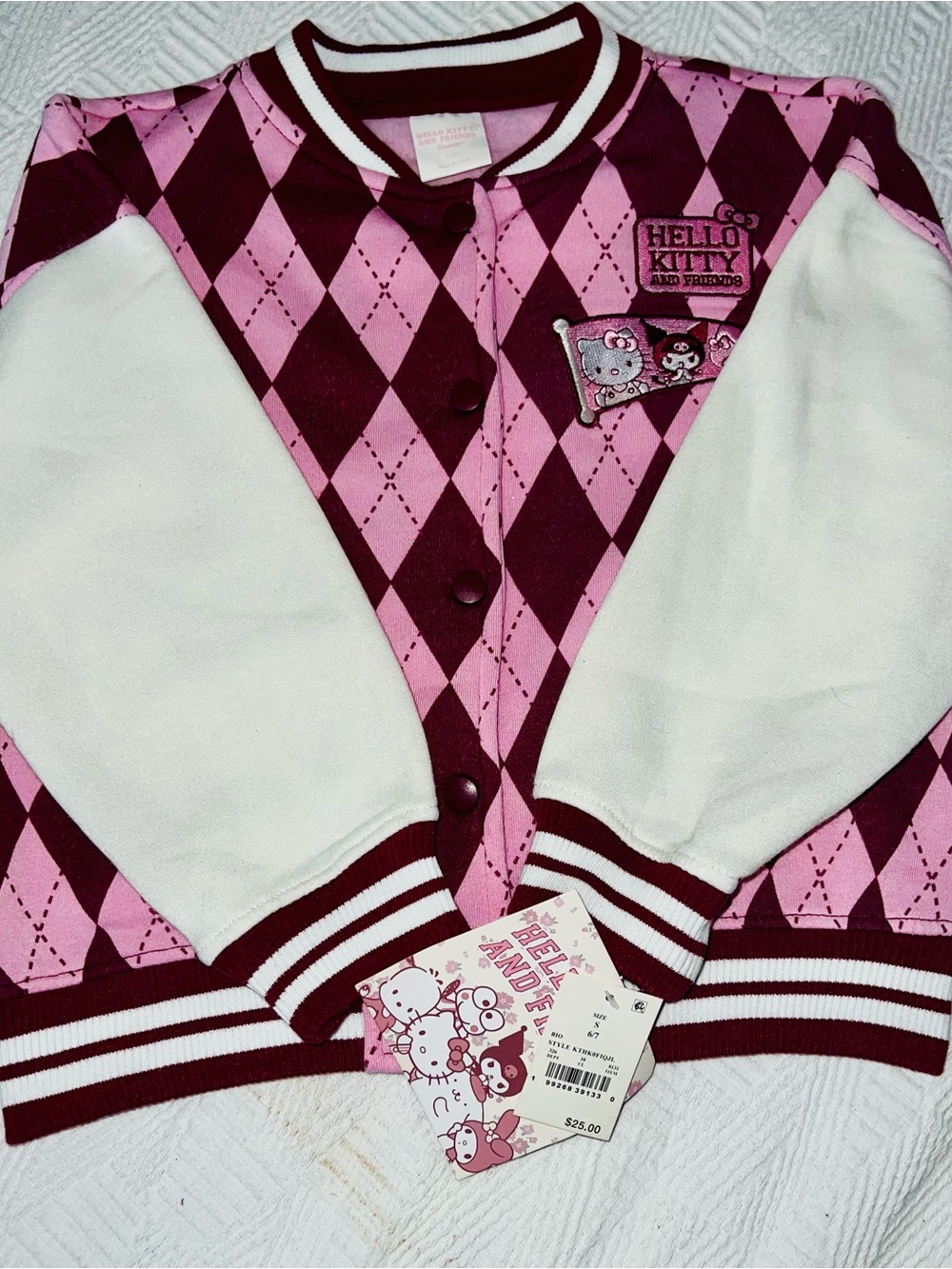 Hello Kitty Pink and Burgundy Argyle Bomber Jacket for Girls